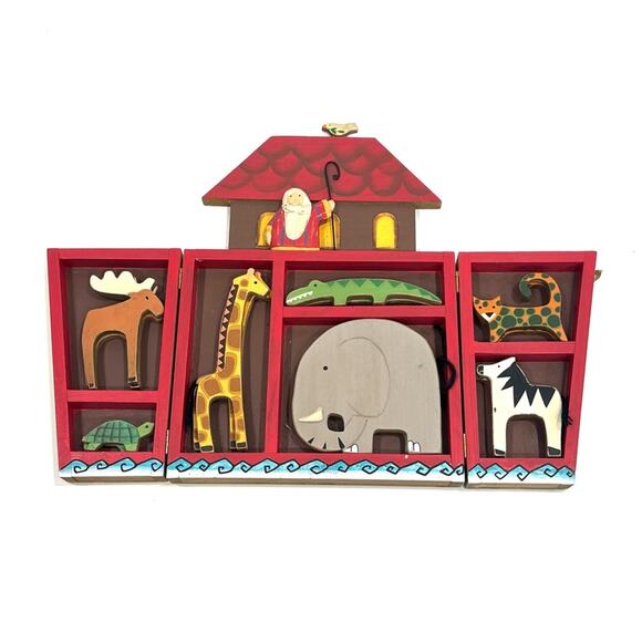 Vintage Wooden Noahs Ark Display Art Toy with Animal pairs